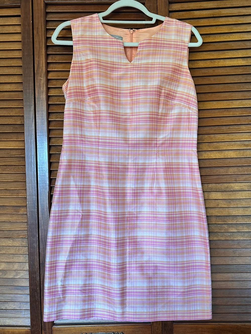 Marconi Y2K Raw Silk Classic Pink Plaid Sleeveless Sheath Midi Dress size 6